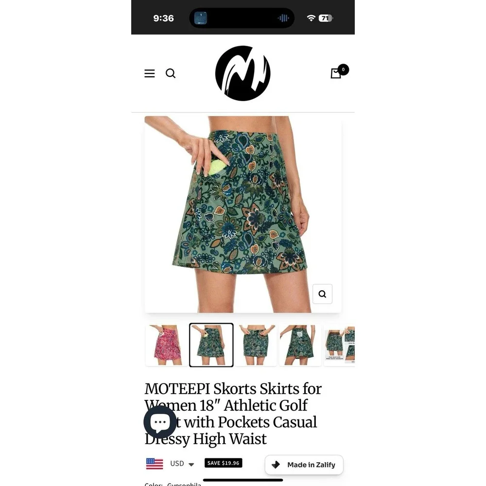 Moteepi Pull On‎ Golf Pickleball Skort Skirt w Shorts Small Pockets Green Floral